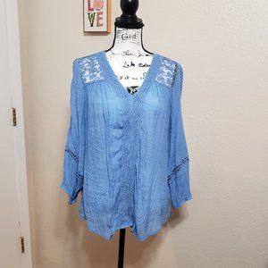 Powder Blue Gauze Blouse with Lace Cutout Back by JohnPaulRichard Size L